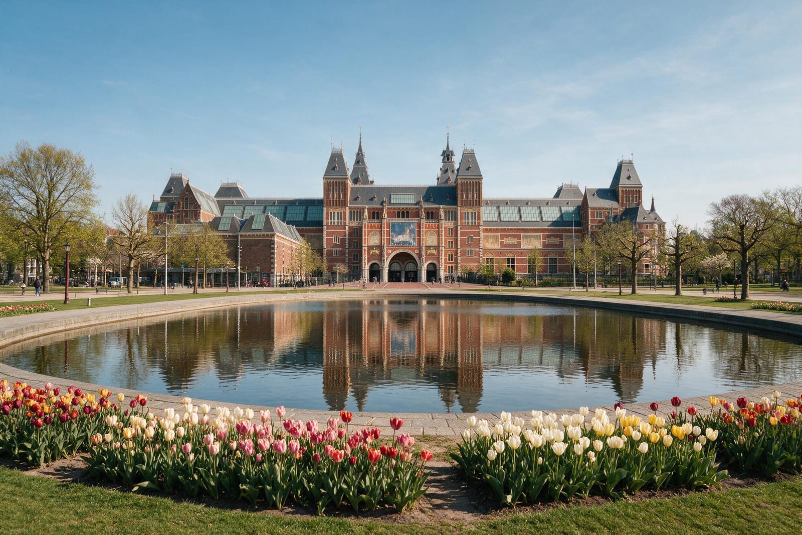 Museumplein havuzuna yansıyan Rijksmuseum binası