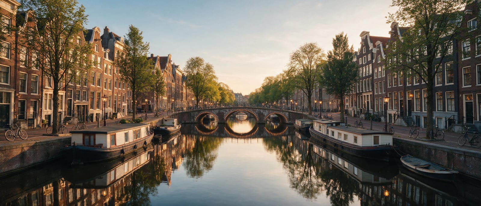 Altın saatte Amsterdam kanalı, kanal evleri ve kemerli köprüler