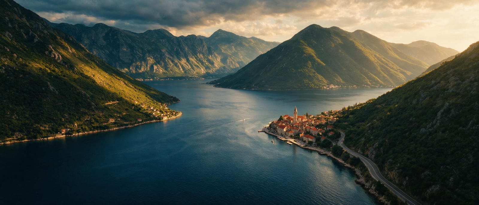 Altın saatte Karadağ’da Kotor Körfezi ve dağlar