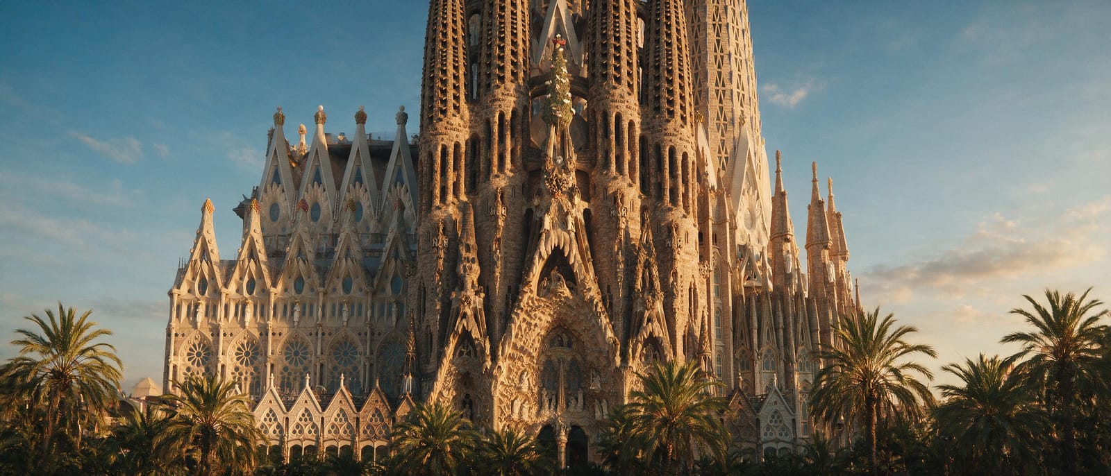 Altın saatte Barselona Sagrada Familia bazilikasının kuleleri