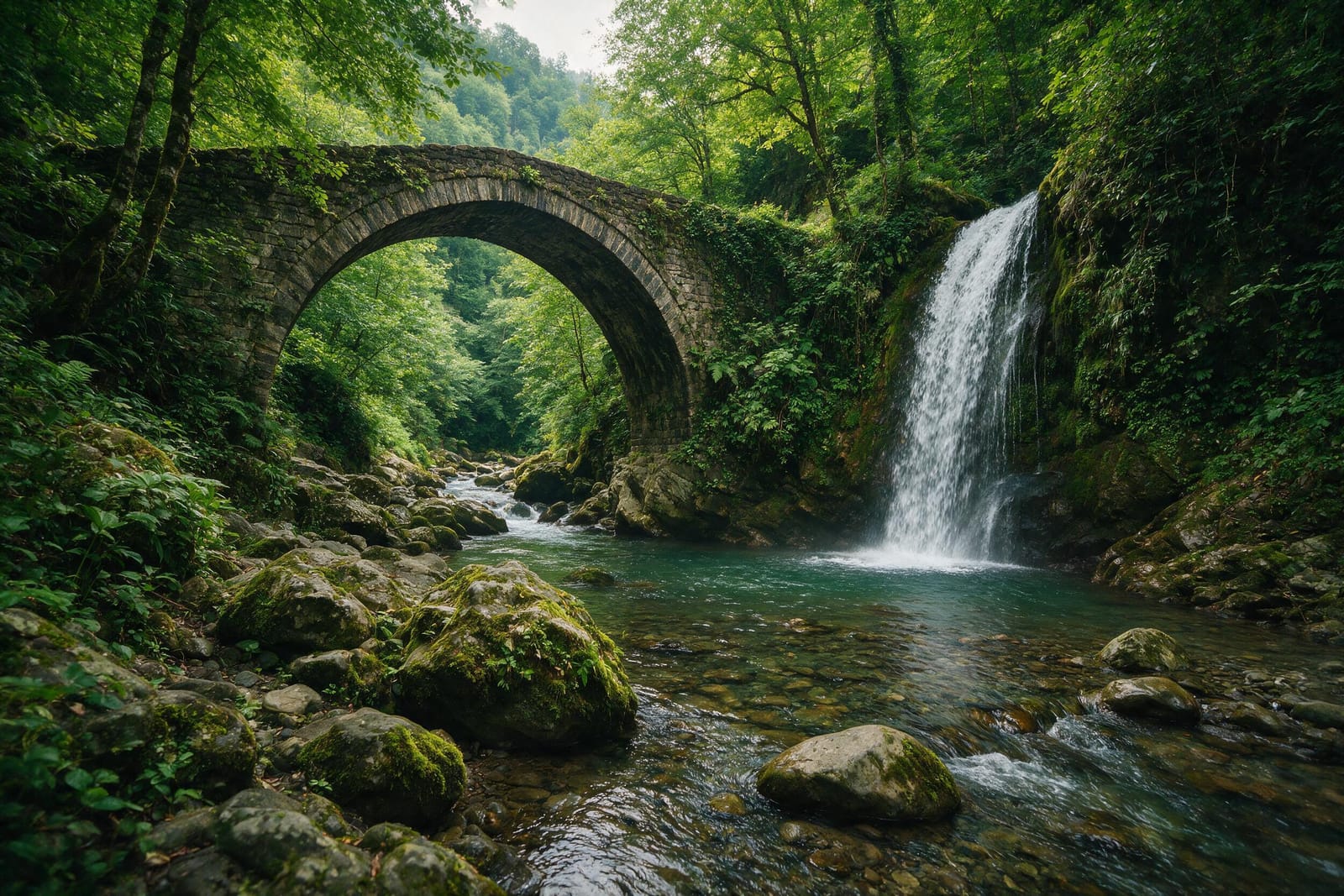 Acara dağlarında şelale ve taş kemer köprü