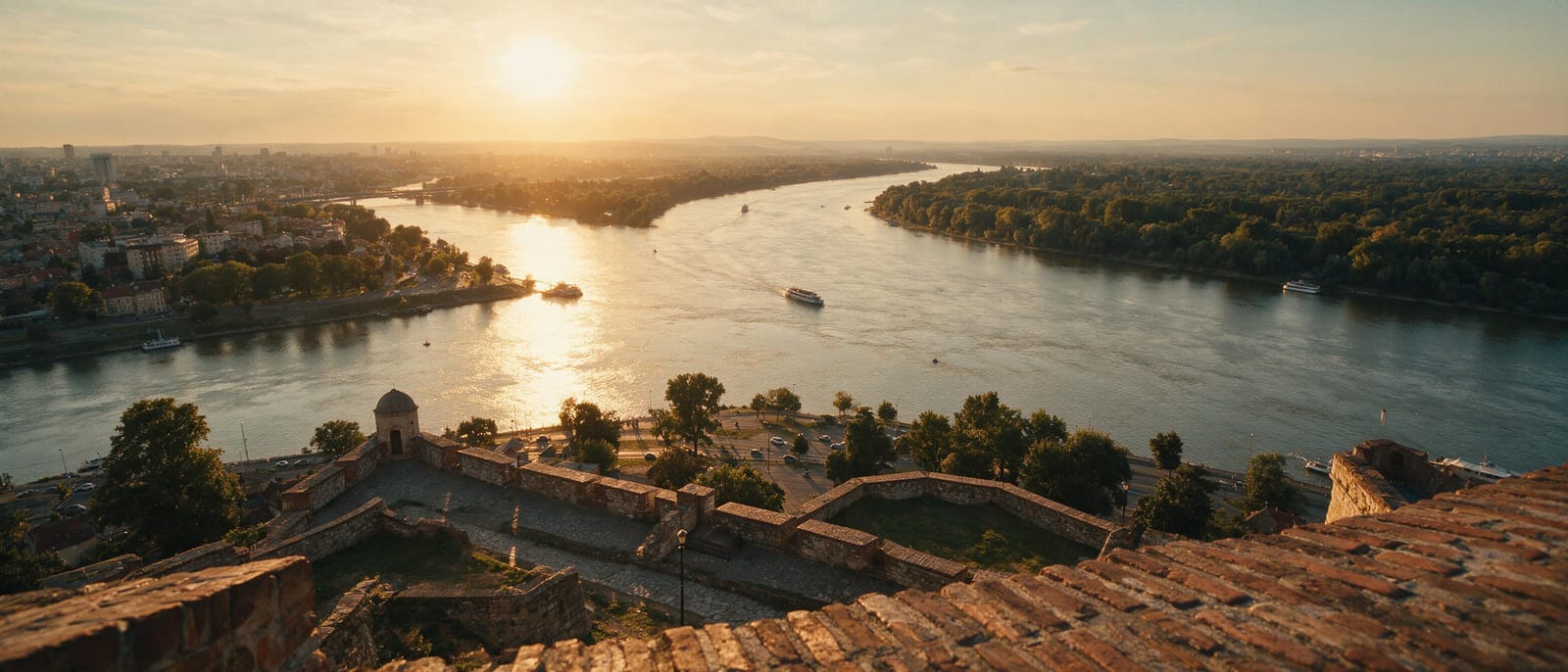 Gün batımında Kalemegdan Kalesi’nden Sava ve Tuna nehirlerinin birleştiği nokta
