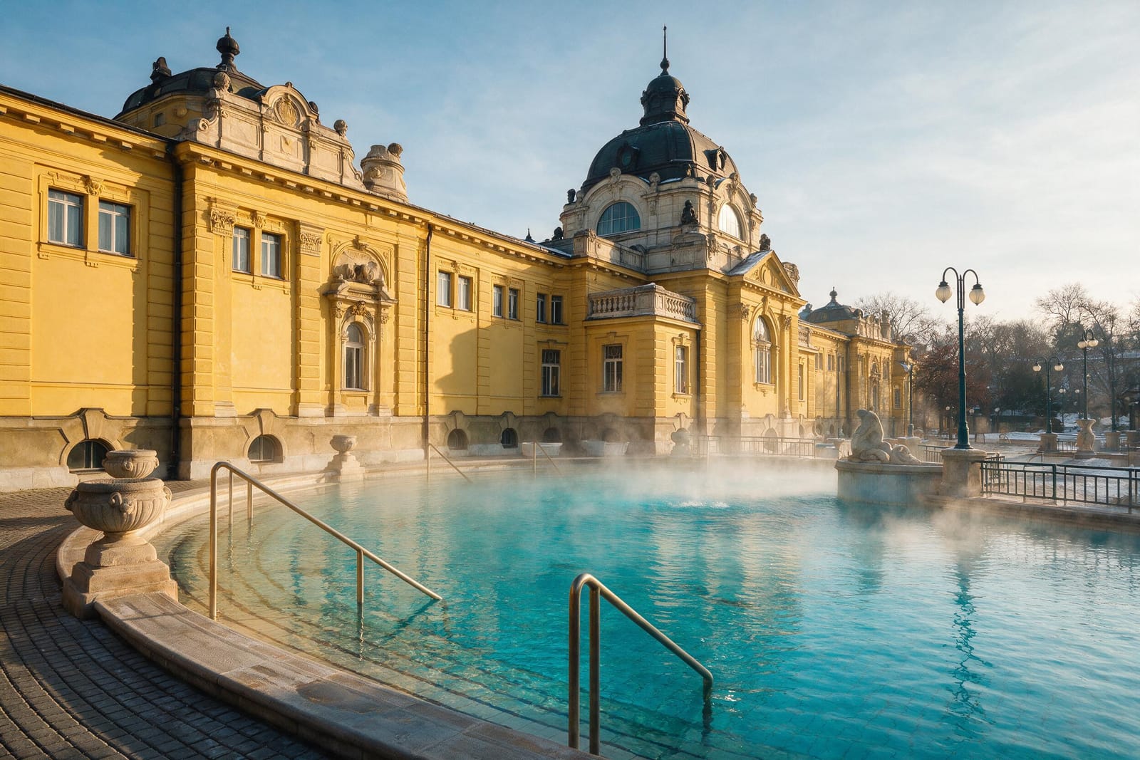 Budapeşte Széchenyi kaplıcasının neo-barok binası ve termal havuzu
