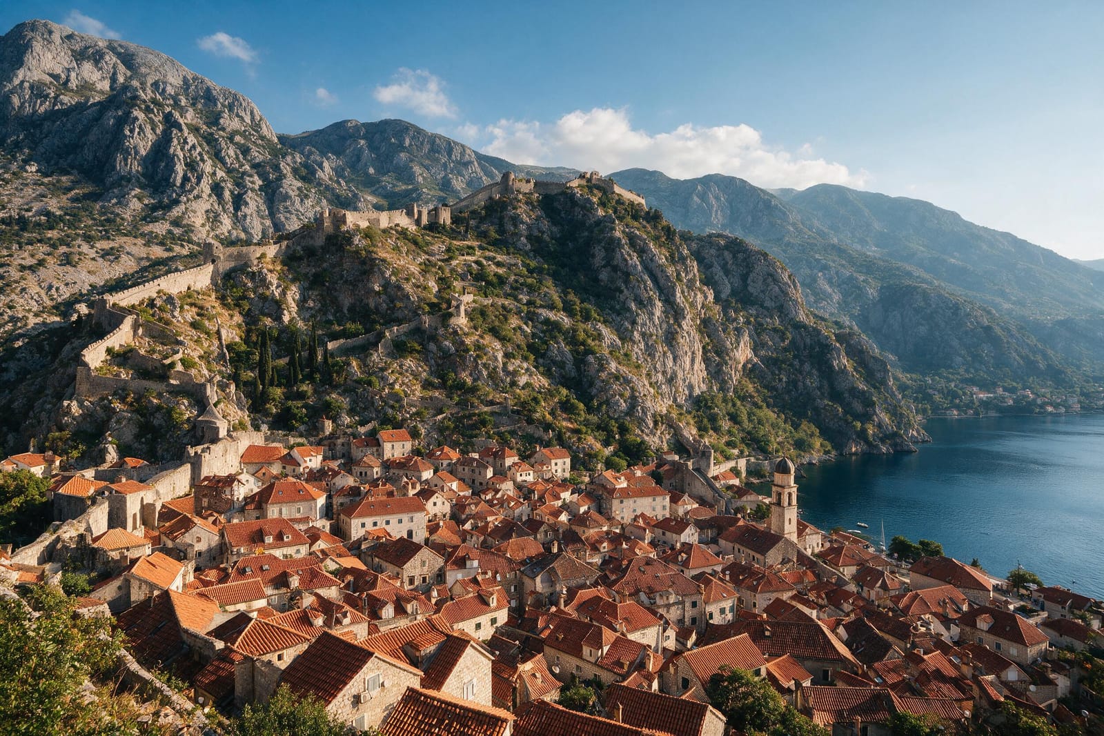 Kotor eski şehri, kiremit çatılar ve dağa tırmanan surlar