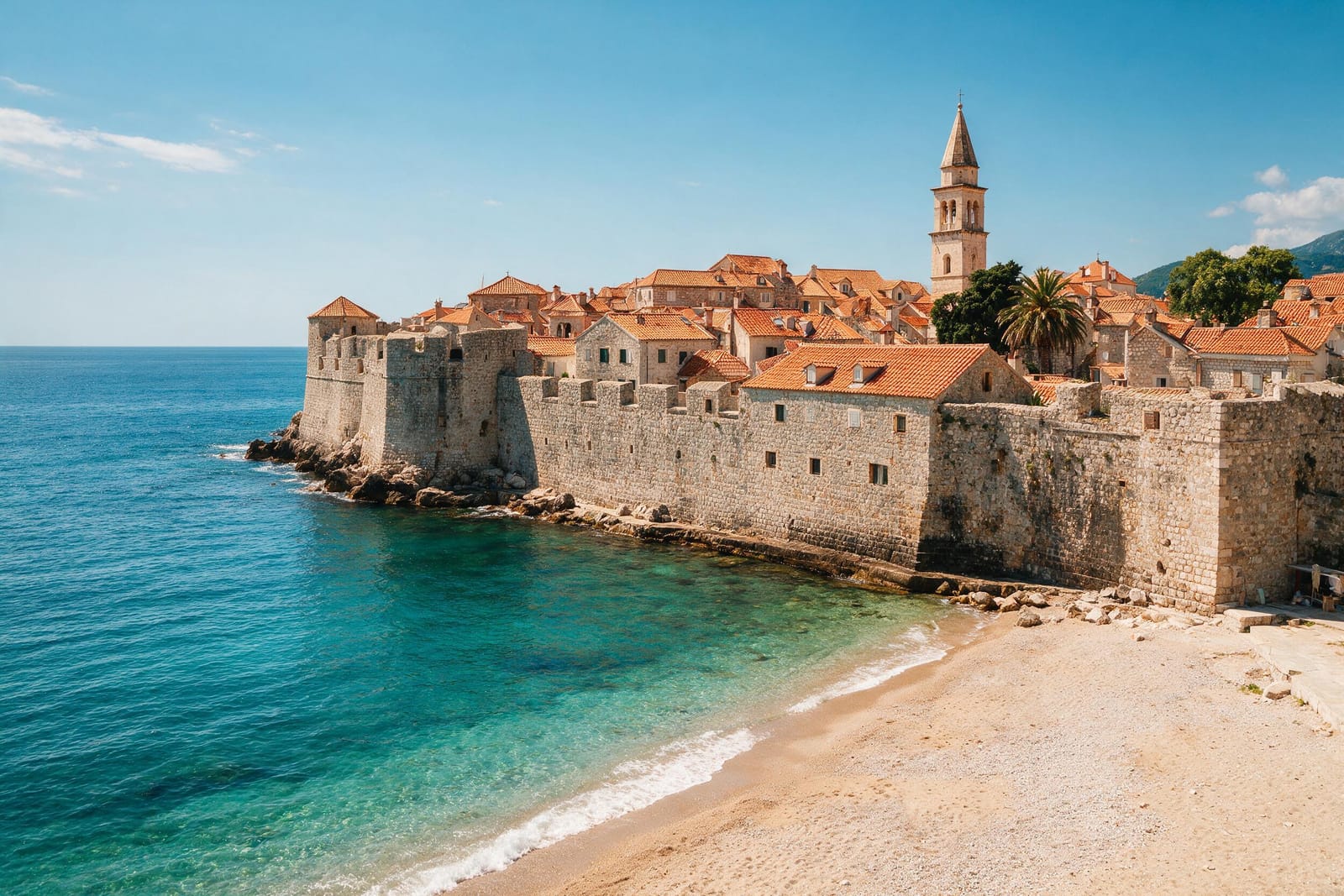 Budva eski şehir surları ve Adriyatik kıyısı