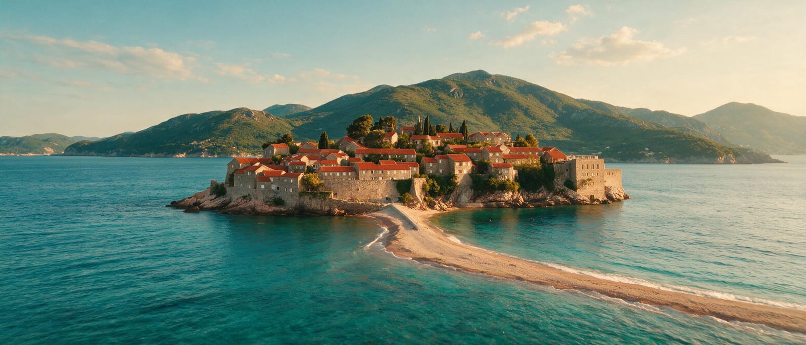 Altın saatte Karadağ’da Sveti Stefan adacığı ve turkuaz Adriyatik