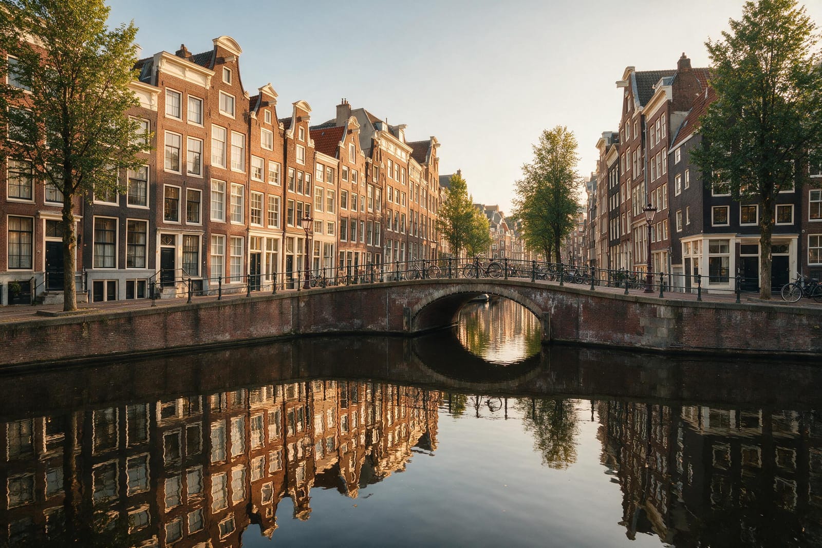 Altın saatte Amsterdam kanal evleri