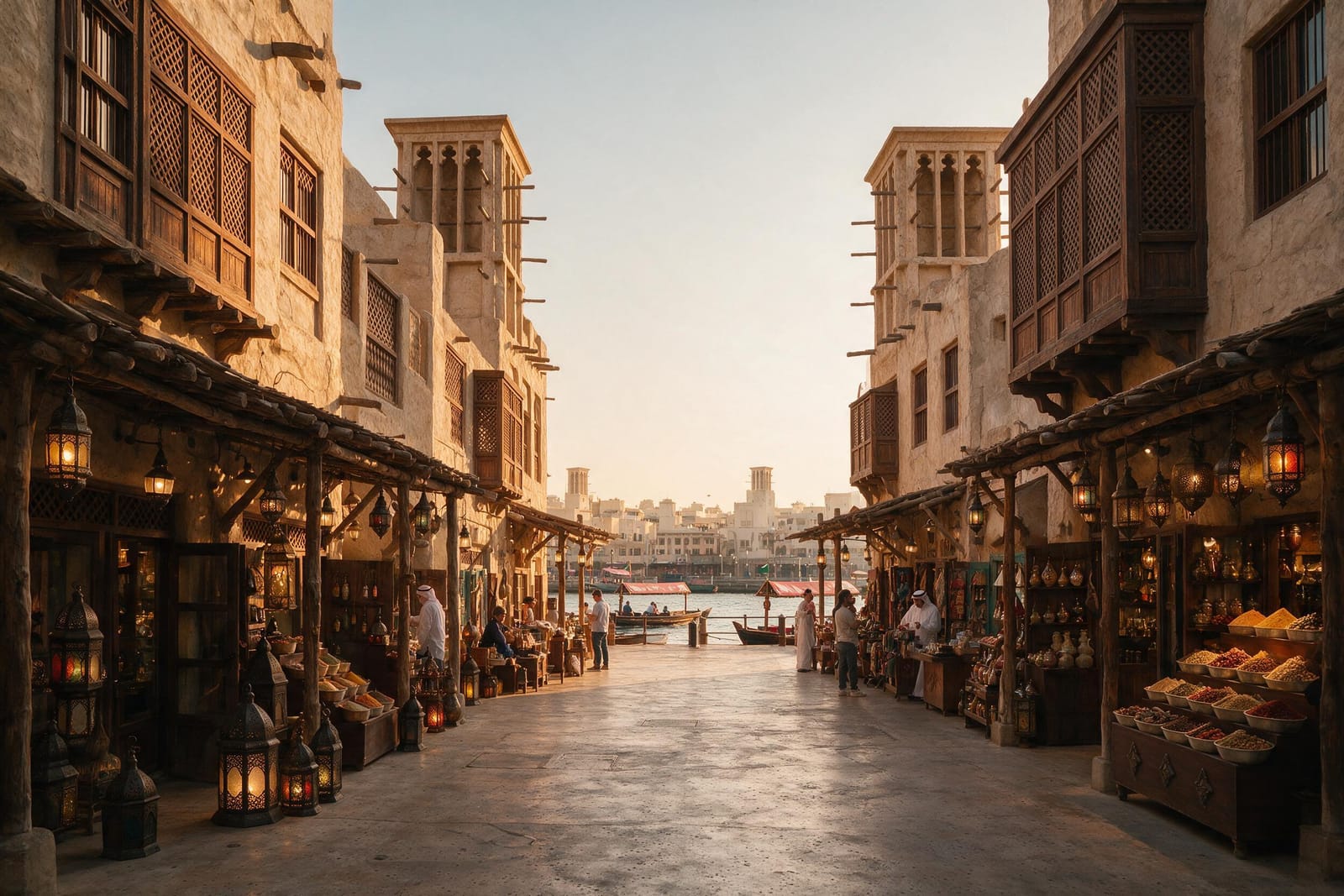 Dubai’de geleneksel mimarili çarşı ve su kanalı