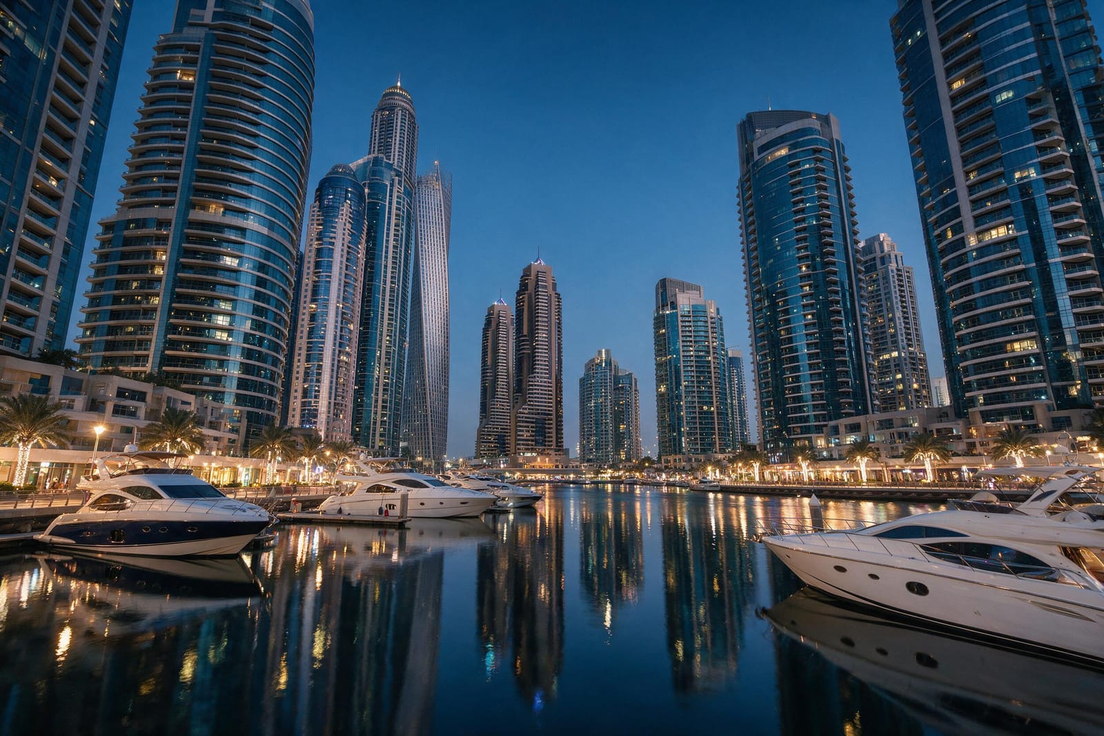 Mavi saatte Dubai Marina gökdelenleri ve yatlar