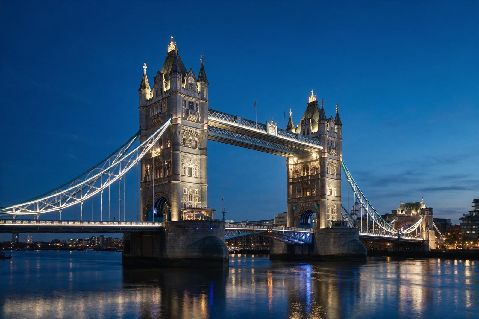 Mavi saatte ışıklandırılmış Tower Bridge, Londra
