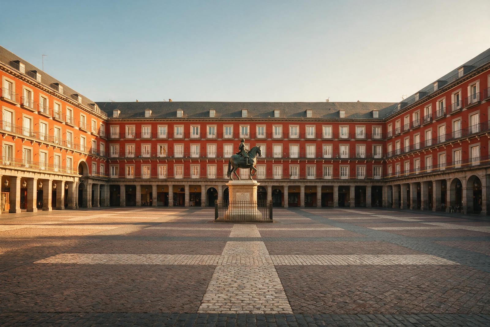Altın saatte Madrid Plaza Mayor ve kemerli cepheler