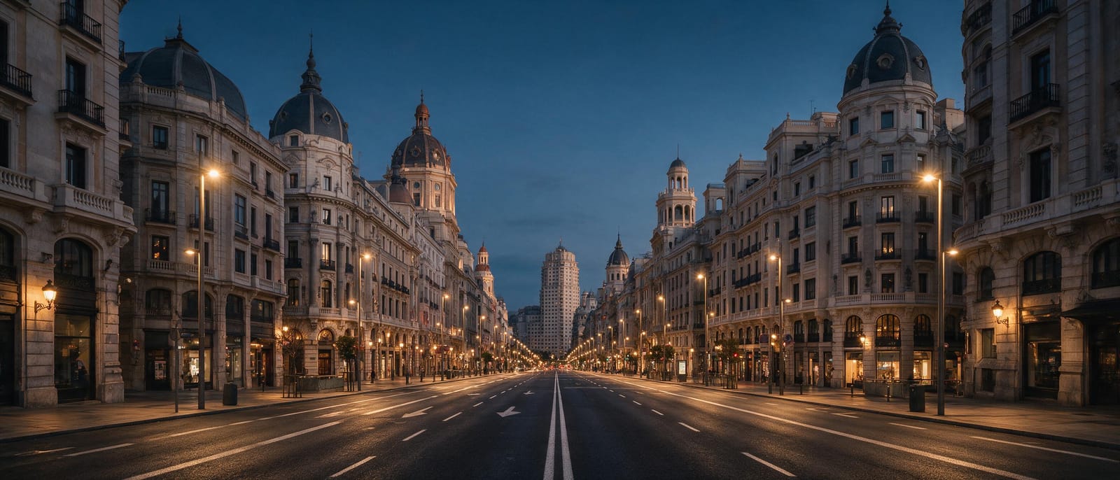 Akşam saatlerinde Madrid Gran Vía bulvarı ve tarihi binalar