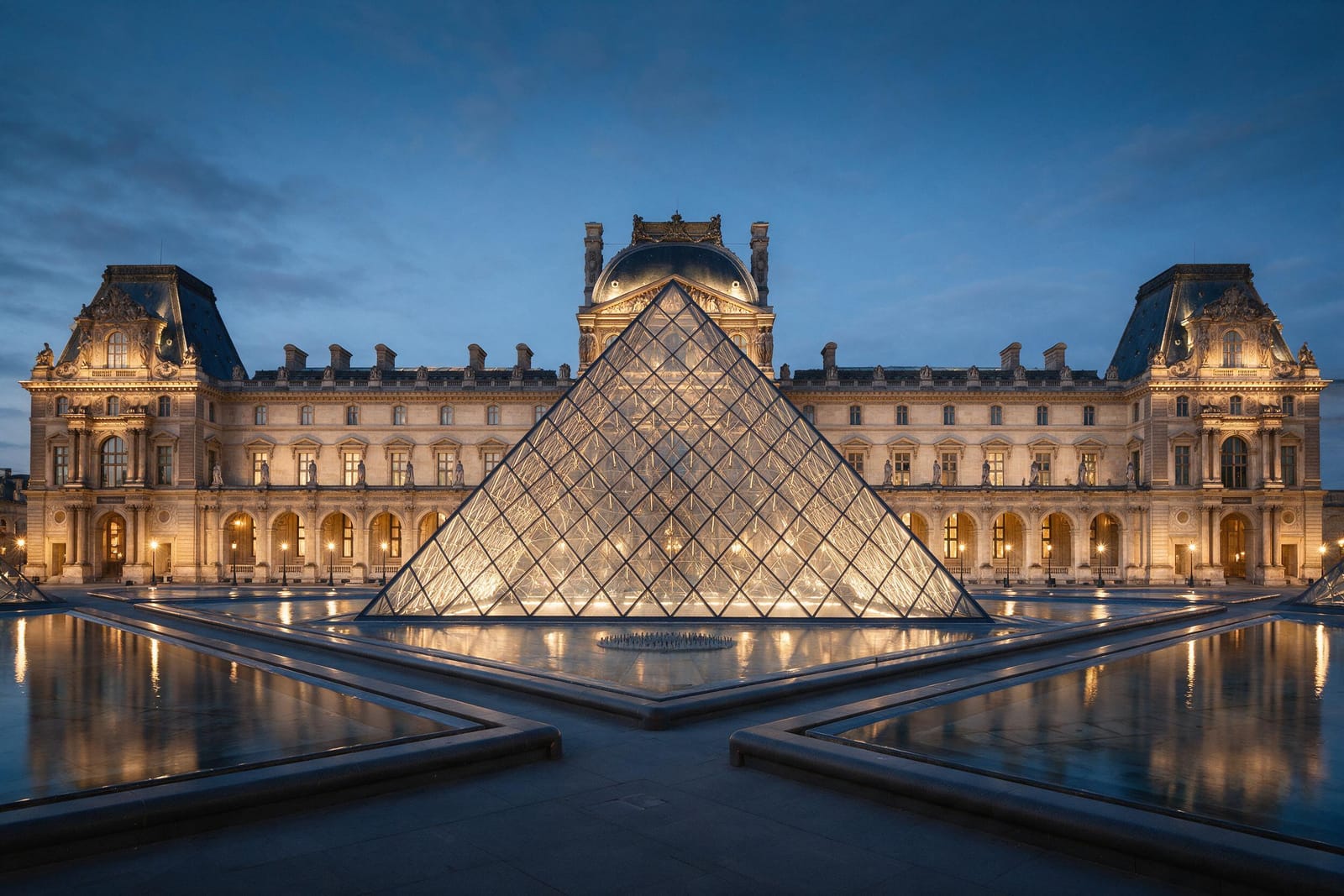 Mavi saatte Louvre Müzesi cam piramidi