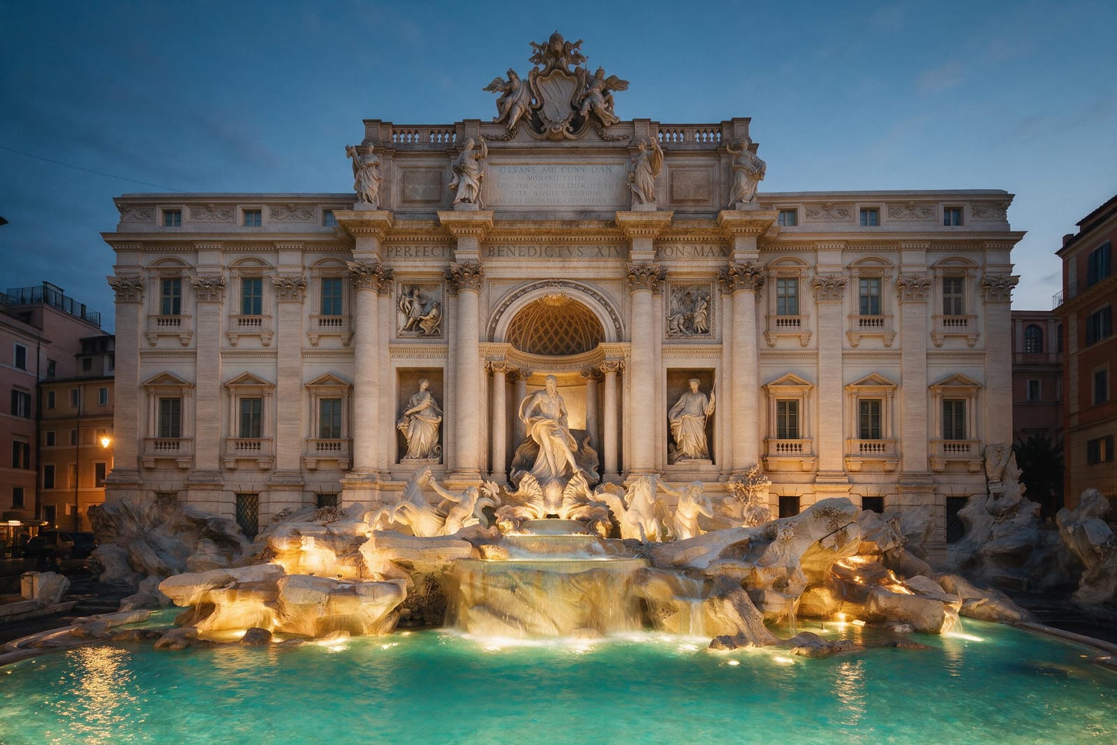 Mavi saatte ışıklandırılmış Trevi Çeşmesi, Roma