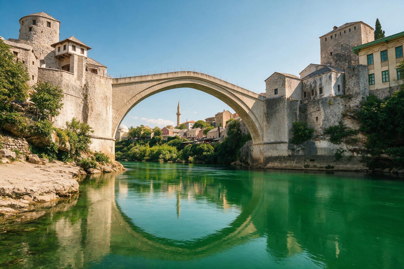 Mostar’da Neretva Nehri üzerindeki tek kemerli Stari Most köprüsü