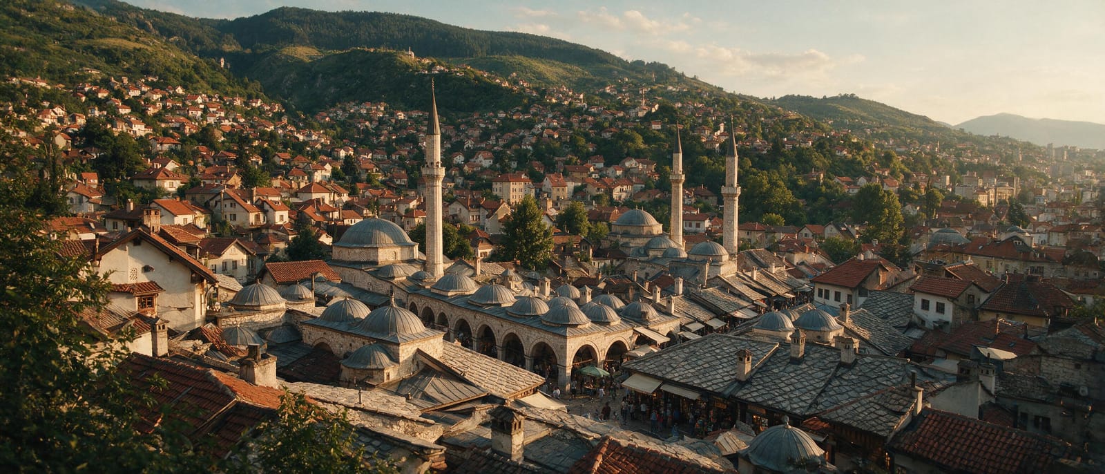 Altın saatte Saraybosna Başçarşı ve çevredeki tepeler