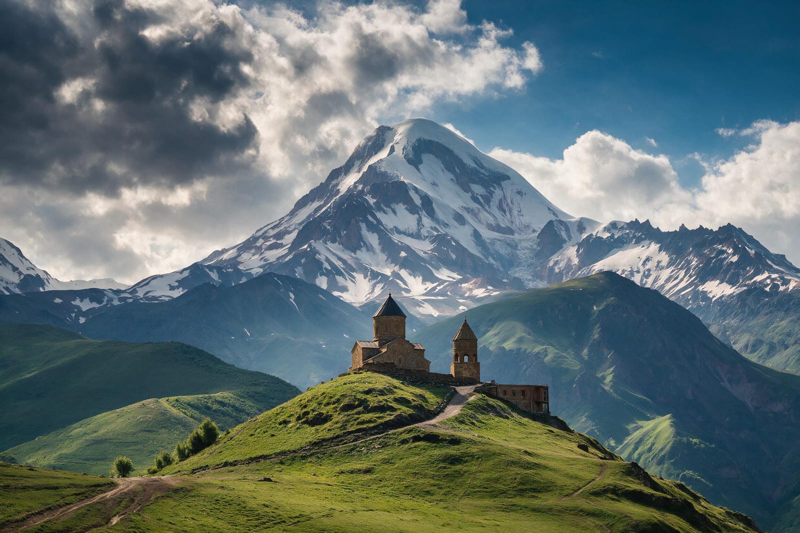 Kazbegi’de yeşil tepedeki taş kilise ve arkasındaki karlı Kazbek Dağı