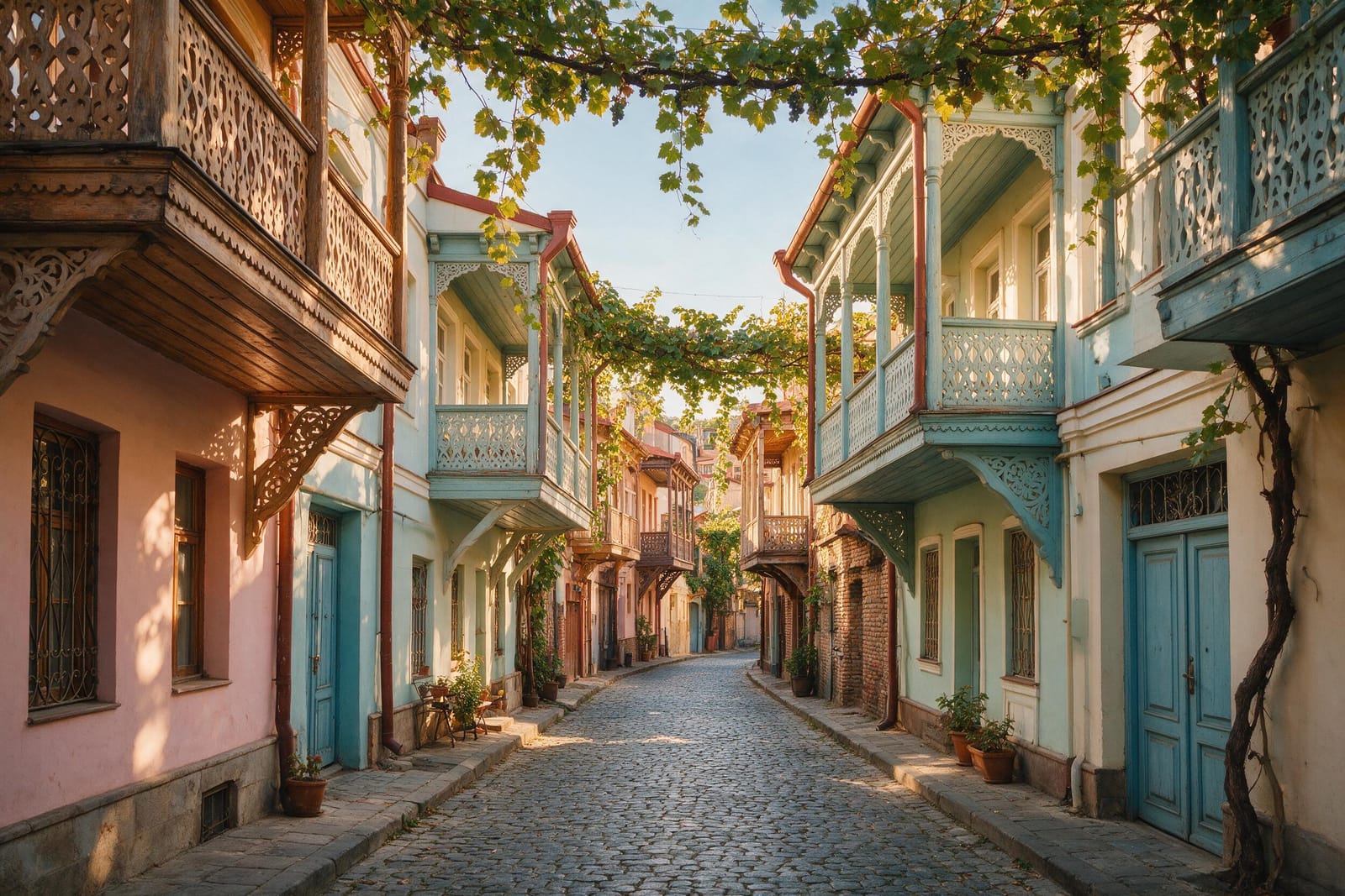 Tiflis’te oymalı ahşap balkonlu pastel renkli tarihi evler