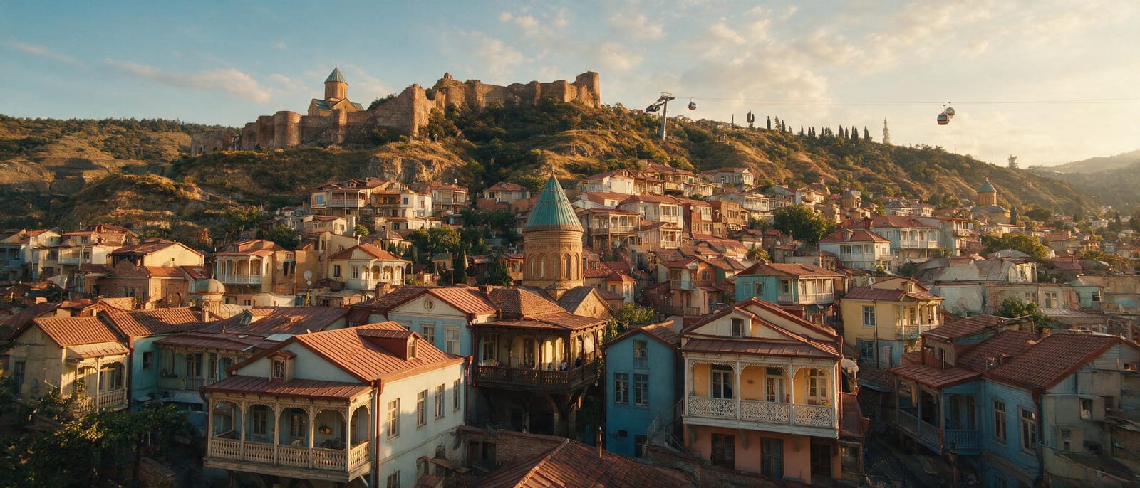 Altın saatte Tiflis eski şehri ve Narikala Kalesi