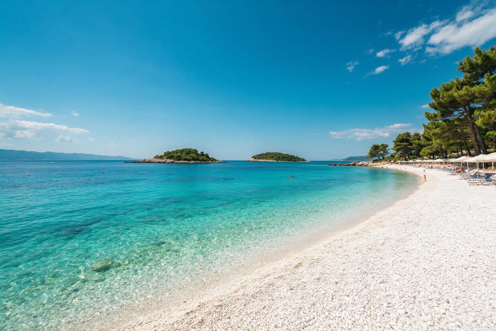 Ksamil’de turkuaz deniz, küçük adalar ve beyaz çakıl plaj