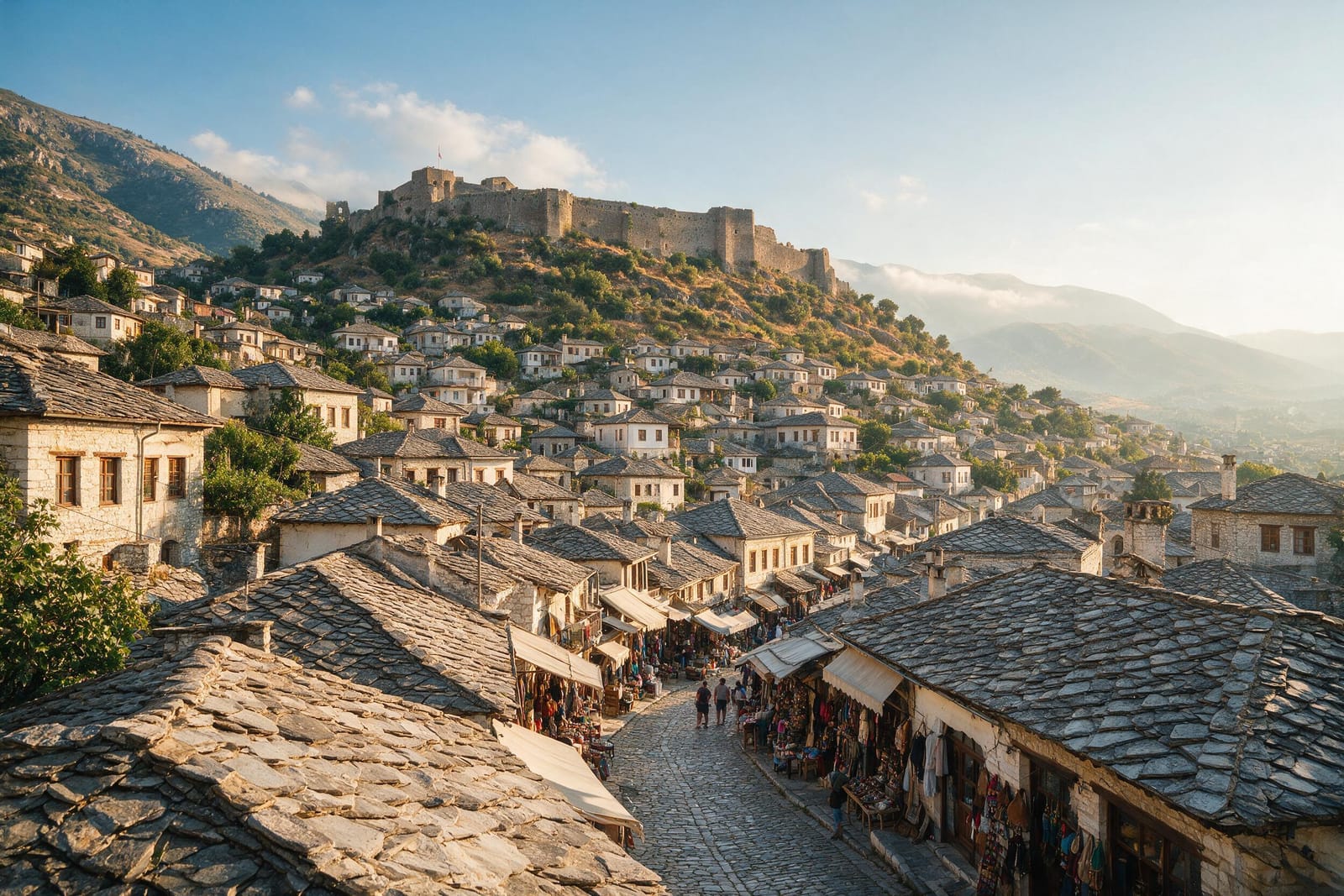 Gjirokastra’da taş çatılı Osmanlı evleri ve kale