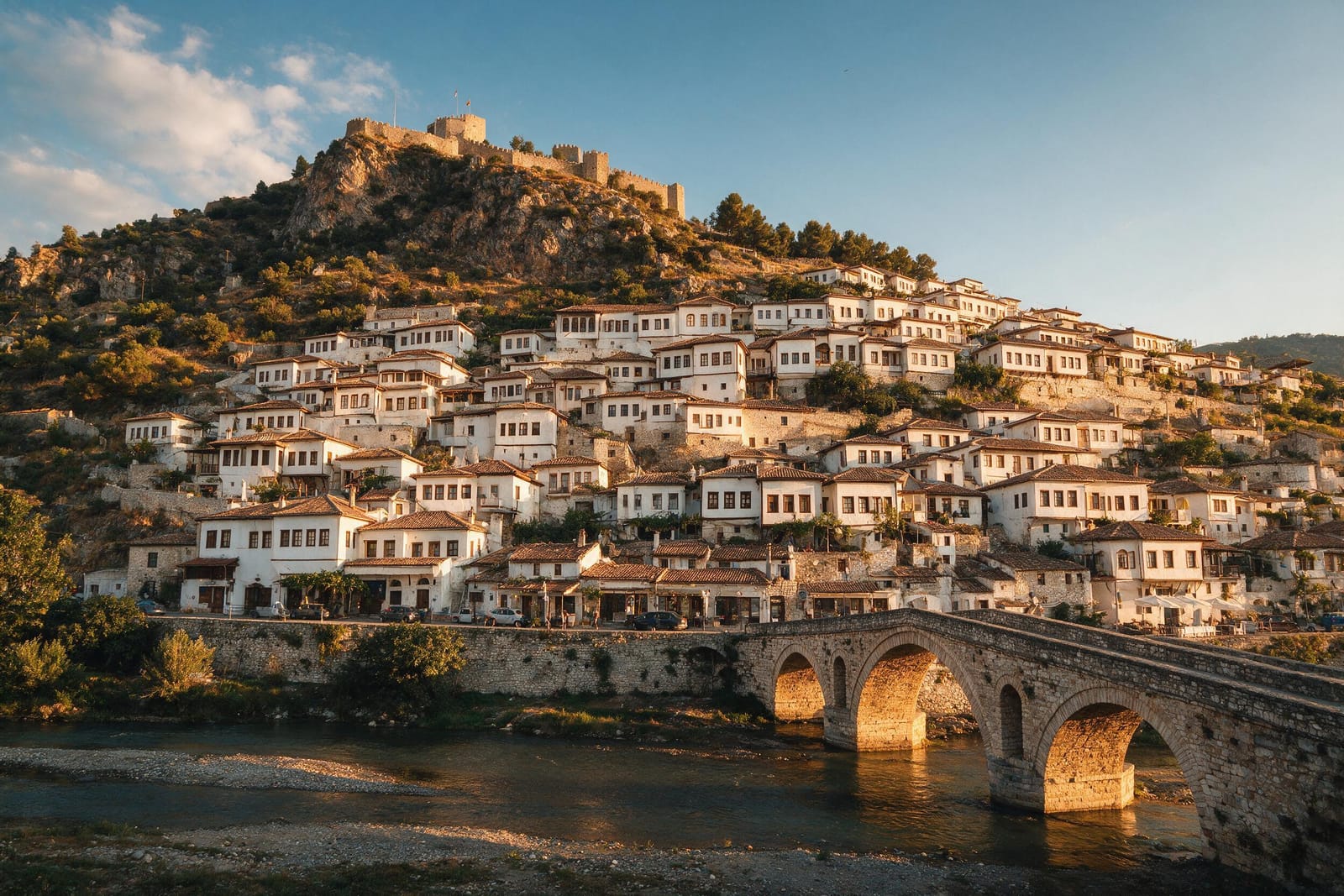 Berat’ta yamaca kurulmuş beyaz Osmanlı evleri ve kale