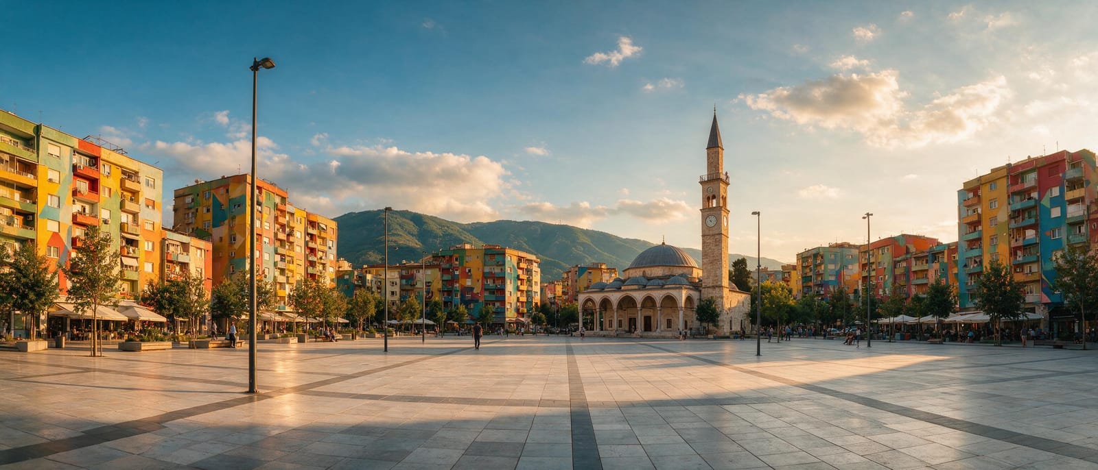 Altın saatte Tiran’ın renkli binaları, meydan ve arkadaki dağlar