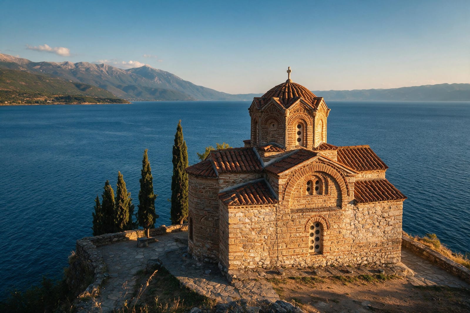 Ohrid Gölü kıyısındaki kayalıkta Kaneo Kilisesi