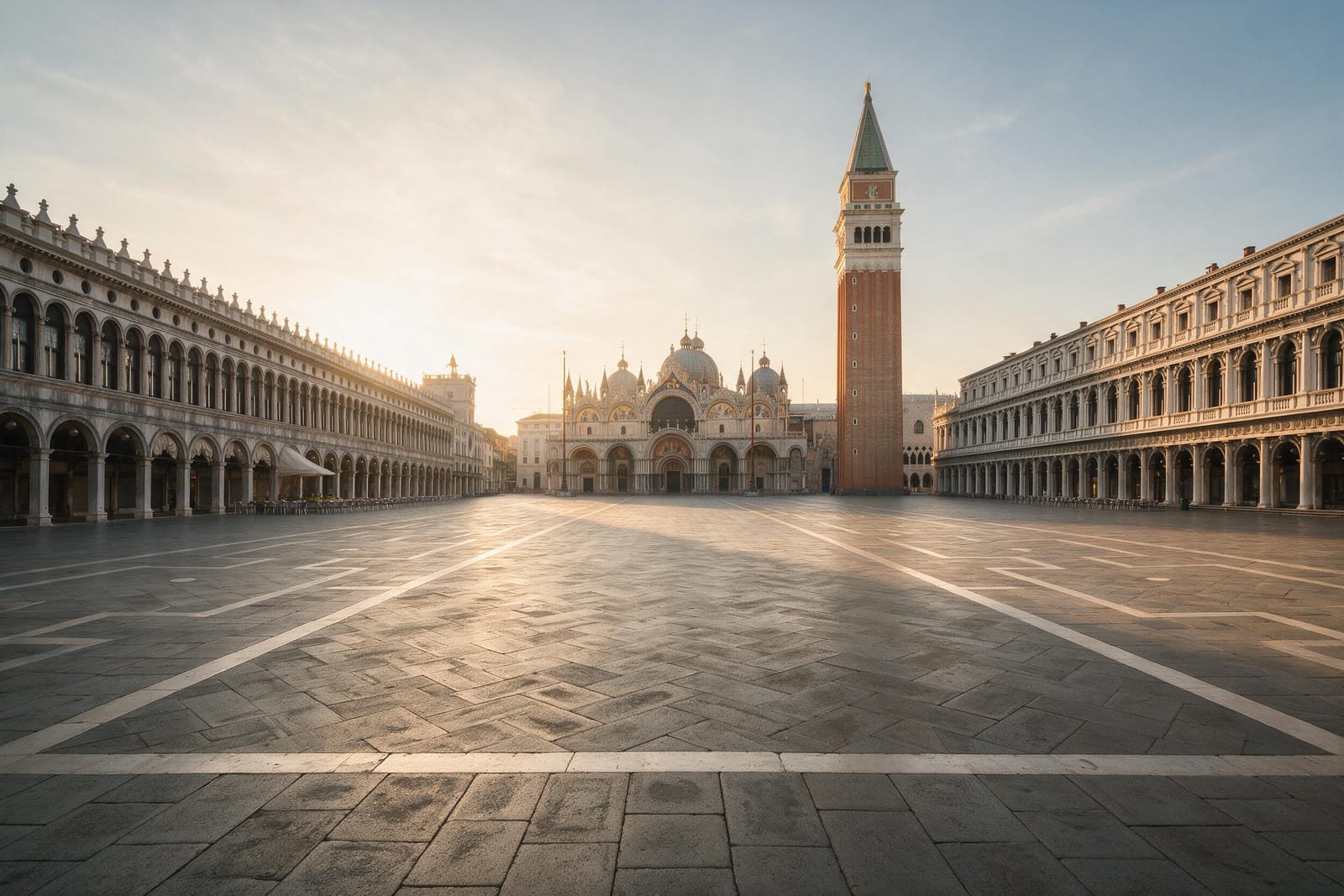 Gün doğumunda San Marco Meydanı ve Bazilika cephesi