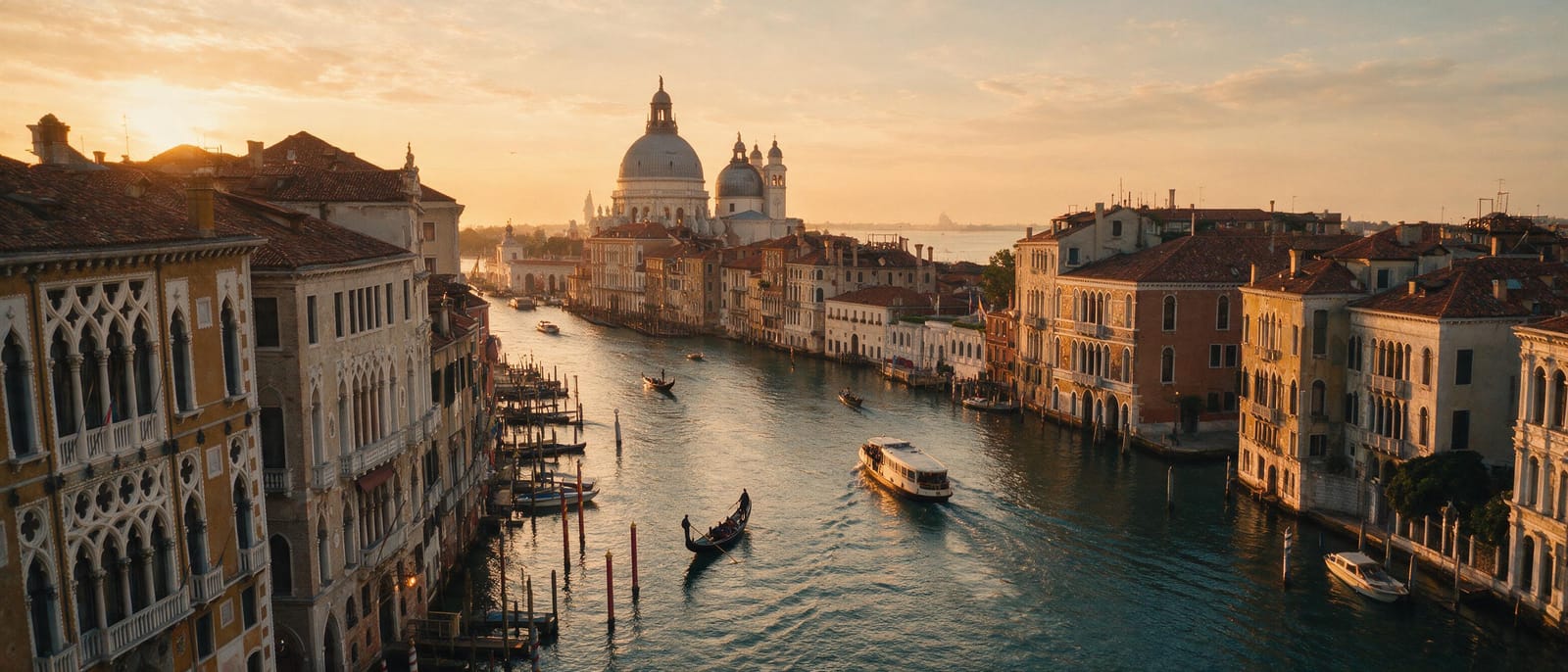 Gün batımında Venedik Büyük Kanal ve Santa Maria della Salute kubbesi