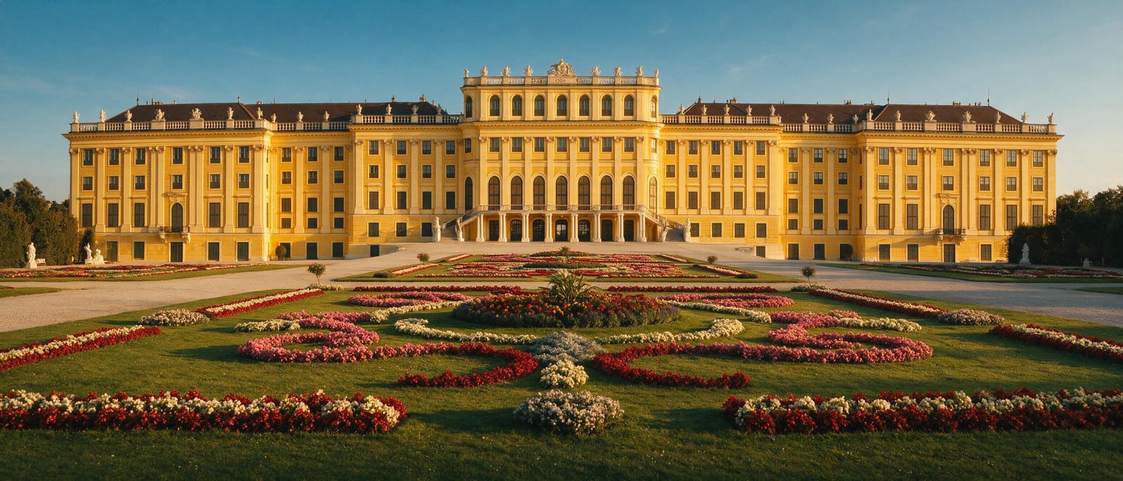 Altın saatte Viyana Schönbrunn Sarayı ve düzenli bahçeleri